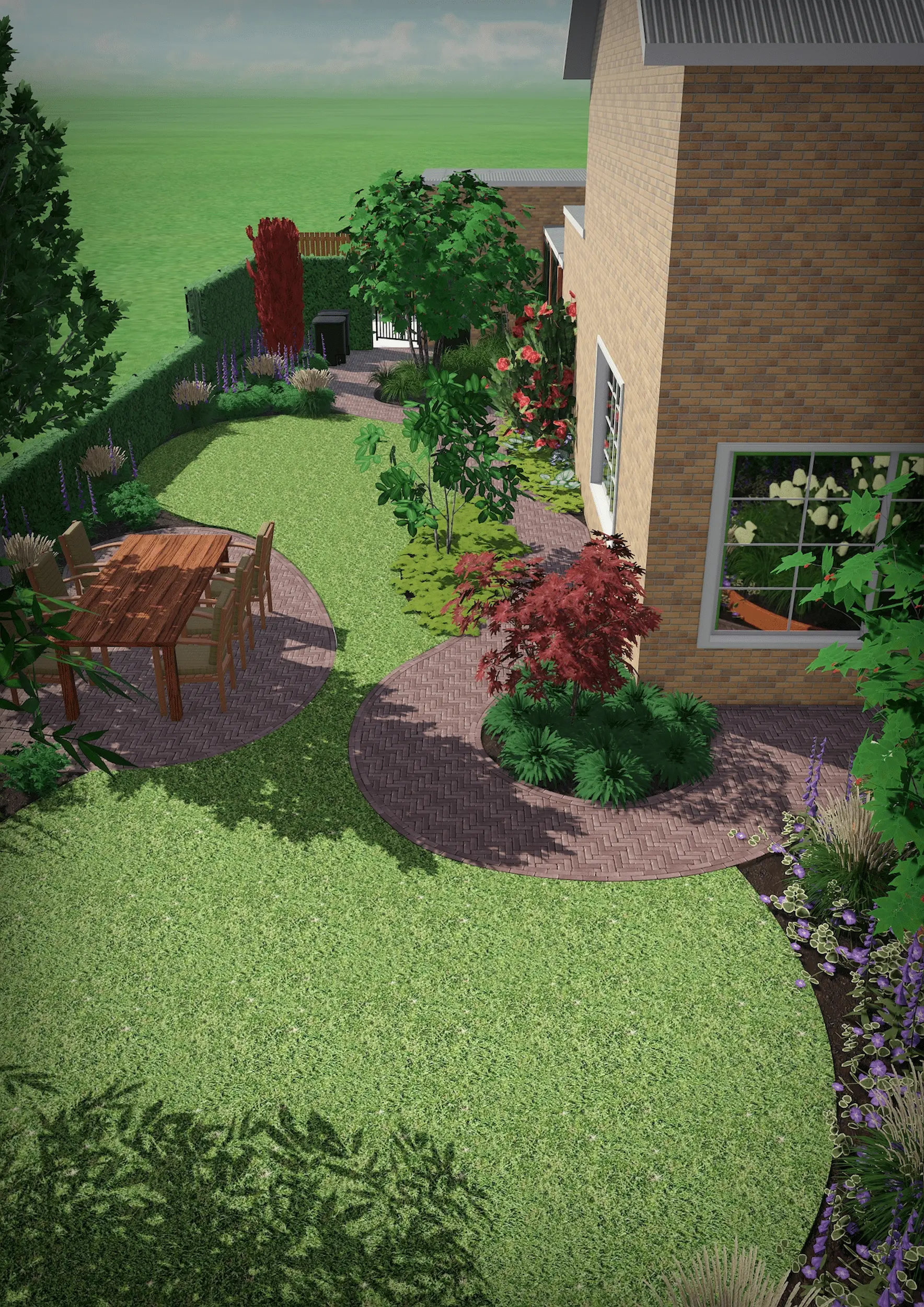 tuinontwerp met gazon, gebogen paden, borders en een zithoek naast een woning.