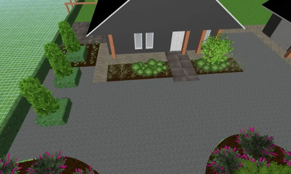 3D-tuinontwerp van een voortuin met grindvlak, borders met beplanting en een donkere woning met houten overkapping